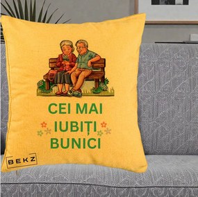 Cadou pentru Bunici - Perna Personalizata Cei Mai Iubiti Bunici Cuplu pe Banca Ilustratie, 40x40 cm, Galben, Husa Detasabila, Perna Inclusa, BEKZ®