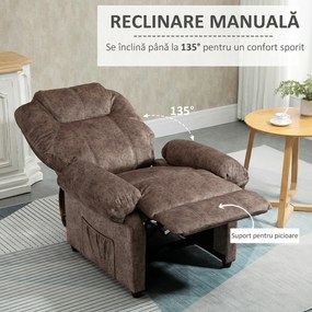 HOMCOM Fotoliu Relax Inclinabil Manual din Material textil, Fotoliu reclinabil cu Suport pentru Picioare Extensibila si Buzunar Lateral, Maro