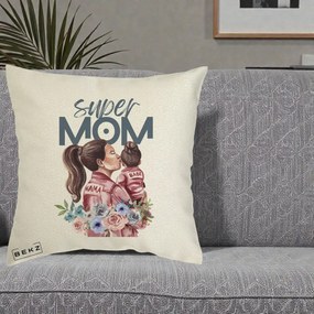 Cadou pentru Mama - Perna Personalizata Super Mom Mama cu Bebelusul, 40x40 cm, Ecru, Husa Detasabila, Perna Inclusa, BEKZ®