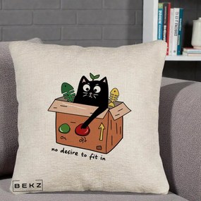 Perna Decorativa Pisica in Cutie No Desire to Fit In, 40x40 cm, Bej Canapea, Husa Detasabila, Perna Inclusa, BEKZ®