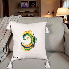 Perna Decorativa Vortex Abstract Colorat, 40x40 cm, Bej cu Franjuri, Husa Detasabila, Perna Inclusa, BEKZ®