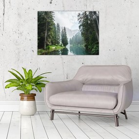 Tablou pe sticlă lacului în pădure (70x50 cm)