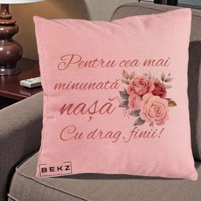Cadou pentru Nasa - Perna Personalizata Pentru Cea mai Minunata Nasa Cu drag Finii, 40x40 cm, Roz, Husa Detasabila, Perna Inclusa, BEKZ®