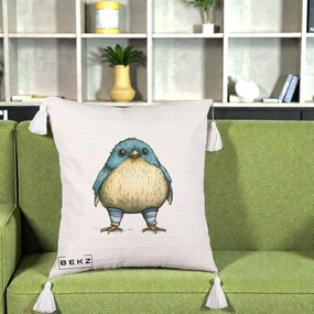 Perna Decorativa Pasare Albastra cu Sosete Albastre, 40x40 cm, Bej cu Franjuri, Husa Detasabila, Perna Inclusa, BEKZ®