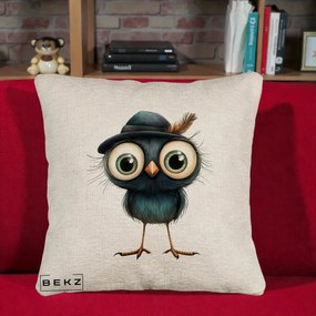 Perna Decorativa Pui Misterios cu Palarie Neagra, 40x40 cm, Bej Canapea, Husa Detasabila, Perna Inclusa, BEKZ®