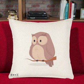 Perna Decorativa Bufnita Kawaii pe Creanga, 40x40 cm, Crem Reliefat, Husa Detasabila, Perna Inclusa, BEKZ®