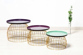 Set 3 masute de cafea rotunde din metal Laudatio 50x50x42 cm mov/lila/verde deschis