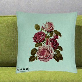 Perna Decorativa Trandafiri Vintage Roz-Rosii, 40x40 cm, Verde Menta, Husa Detasabila, Perna Inclusa, BEKZ®