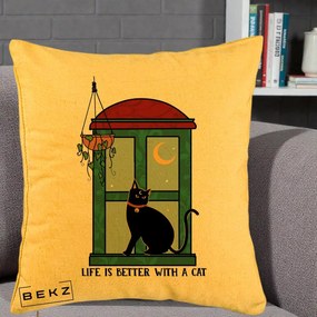 Perna Personalizata Life is Better with a Cat Geam, 40x40 cm, Galben, Husa Detasabila, Perna Inclusa, BEKZ®