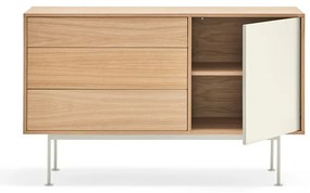 Comodă cu aspect de lemn de stejar Teulat Yoko, lățime 128 cm, alb-crem