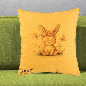 Perna Decorativa Iepuras cu Coronita Florala Roz, 40x40 cm, Galben, Husa Detasabila, Perna Inclusa, BEKZ®