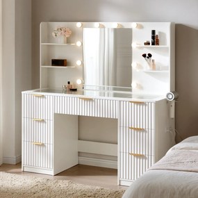 Masuta machiaj 120 cm, Alba sau Maro cu Oglinda LED si 7 Sertare pentru Cosmetice, Set Masa toaleta cu 2 Prize, USB si USB-C, masuta cosmetica,