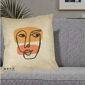Perna Decorativa Portret Abstract Line Art Portocaliu, 40x40 cm, Crem, Husa Detasabila, Perna Inclusa, BEKZ®