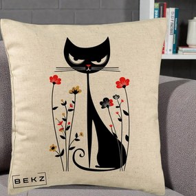 Perna Decorativa Pisica Neagra Grafica Flori Rosii, 40x40 cm, Bej, Husa Detasabila, Perna Inclusa, BEKZ®