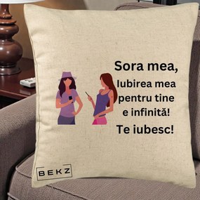 Cadou pentru Sora - Perna Personalizata Sora Mea Te Iubesc Doua Fete cu Telefoane, 40x40 cm, Bej, Husa Detasabila, Perna Inclusa, BEKZ®