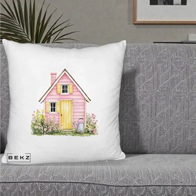 Perna Decorativa Casuta Roz Acuarela cu Gradina, 40x40 cm, Alb Pufos, Husa Detasabila, Perna Inclusa, BEKZ®
