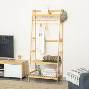 HOMCOM Cuier din Bambus cu Rafturi pentru Depozitare, Ideal pentru Hol și Dormitor, 70x42x164cm, Design Modern | Aosom Romania