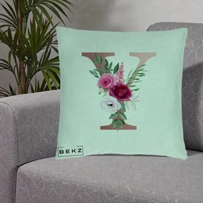 Cadou Personalizat - Perna Personalizata Monograma Rose Gold Litera Y, 40x40 cm, Verde Menta, Husa Detasabila, Perna Inclusa, BEKZ®