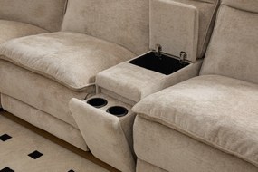 Coltar dumonde cu 3 reclinere electrice, incarcare USB, USB-C, tava, lumini de citit, suport pahare, textil, Vireon 317x347cm