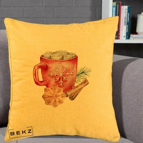 Perna Decorativa Cacao de Iarna cu Biscuit, 40x40 cm, Galben, Husa Detasabila, Perna Inclusa, BEKZ®