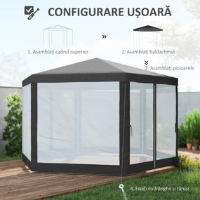 Outsunny Pavilion 4x4 m de Gradina Hexagonal cu Pereti din Plasa, 2 Usi si Picioare Reglabile, Pavilion din Metal si Poliester | Aosom Romania