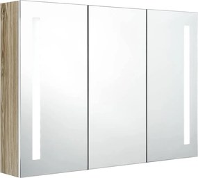 vidaXL Dulap de baie cu oglindă și LED, alb și stejar, 89x14x62 cm