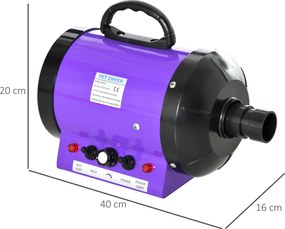 PawHut Uscător profesional pentru îngrijirea blănii pulsator pentru câini pisici animale de companie 2800W viteză și temperatură reglabilă 3 duze interschimbabile incluse violet | Aosom Romania