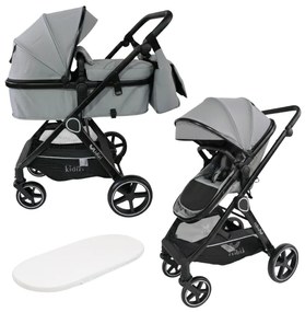 Carucior multifunctional transformabil 2 in 1 Kidizi Moveo gri, include saltea pentru landou si geanta pentru accesorii, cadru negru