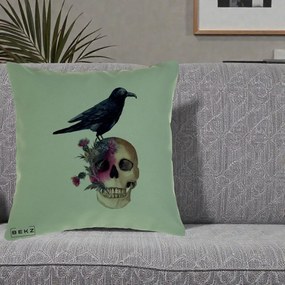 Perna Decorativa Craniu cu Corb si Flori Gothic, 40x40 cm, Verde, Husa Detasabila, Perna Inclusa, BEKZ®