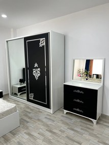 Dormitor Milano, culoare alb / negru, cu pat tapitat 160 x 200 cm, dulap cu 2 usi, comoda cu oglinda, 2 noptiere