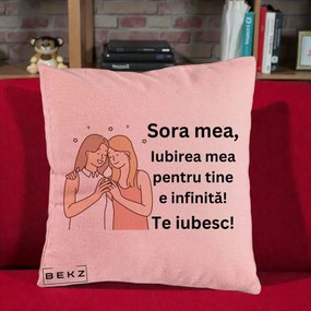 Cadou pentru Sora - Perna Personalizata Sora Mea Te Iubesc Imbratisare cu Sclipiri, 40x40 cm, Roz, Husa Detasabila, Perna Inclusa, BEKZ®