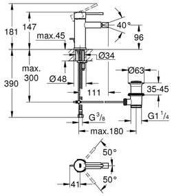 Baterie bideu Grohe Essence, marimea S, ventil inclus, antracit periat Hard Graphite Antracit periat