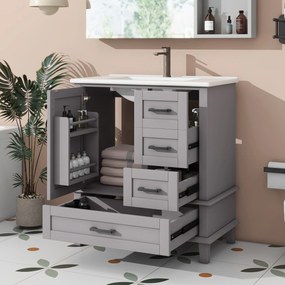 Dulap de baie pe podea cu chiuvetă, spațiu de depozitare variat, 76x46x83,5 cm, Gri