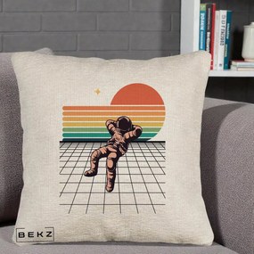 Perna Decorativa Astronaut Retro Space, 40x40 cm, Bej Canapea, Husa Detasabila, Perna Inclusa, BEKZ®