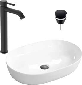 Pachet lavoar pe blat Rea Cleo alb 61 cm, baterie lavoar Ideal Standard Ceraline negru si ventil lavoar Click-Clack D negru