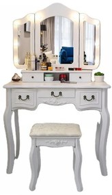 RESIGILAT- Set ELISABETA, Masă de toaletă cu 3 oglinzi, iluminare LED, control touch, 5 sertare, scaun, Alb