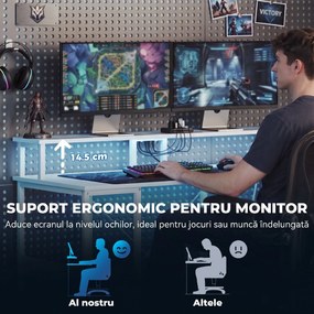 HOMCOM Birou pentru Computer Reversibil cu Rafturi, 120x50 cm, cu Prize și Lumini LED, Alb cu Efect de Lemn | Aosom Romania