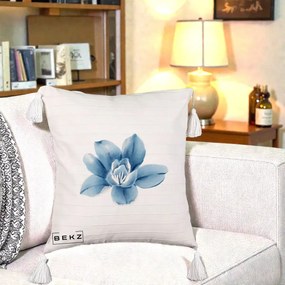 Perna Decorativa Magnolie Albastra Acuarela, 40x40 cm, Bej cu Franjuri, Husa Detasabila, Perna Inclusa, BEKZ®