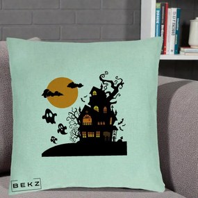 Perna Decorativa Halloween Casa Bantuita cu Fantome, 40x40 cm, Verde Menta, Husa Detasabila, Perna Inclusa, BEKZ®