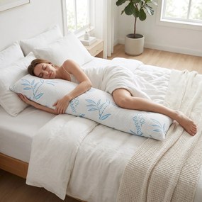 Perna pentru corp memory foam cu husa bambus racoritoare, 40x110 cm, Alb/Verde