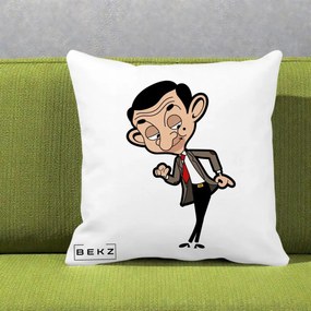 Perna Personalizata Mr. Bean Caricatura, 40x40 cm, Alba Mata, Husa Detasabila, Perna Inclusa, BEKZ®