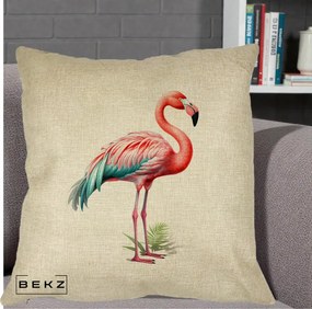 Perna Decorativa Flamingo Roz cu Pene Teal, 40x40 cm, Crem, Husa Detasabila, Perna Inclusa, BEKZ®
