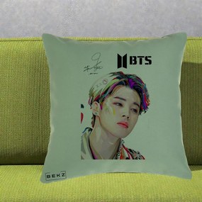 Perna Personalizata K-pop BTS Jimin Portret Artistic Multicolor cu Autograf, 40x40 cm, Verde, Husa Detasabila, Perna Inclusa, BEKZ®