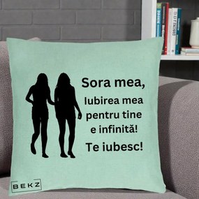 Cadou pentru Sora - Perna Personalizata Sora Mea Te Iubesc Siluete Negre Tinand Maini, 40x40 cm, Verde Menta, Husa Detasabila, Perna Inclusa, BEKZ®