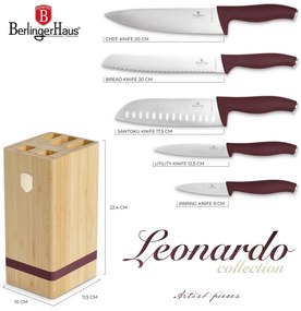 RESIGILAT - Set cutite 6 piese cu stativ Leonardo Berlinger Haus BH 2972, visiniu, suport lemn