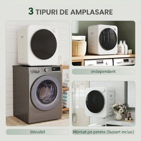 HOMCOM Uscător portabil de rufe 4 kg, încărcare frontală, 2 trepte de putere 800 W/400 W, 240 V, compact pentru apartament, rulote și casă, alb | Aosom Romania