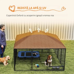 PawHut Tarc Câini din Metal cu Ușă pentru Bol, Padoc caine pentru Exterior cu Acoperiș  din țesătură Oxford, 211x211x151 cm, Negru | Aosom Romania