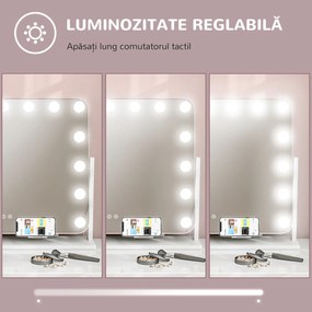 HOMCOM Oglindă Machiaj cu 15 LED-uri din Sticlă și Metal Alb | Aosom Romania