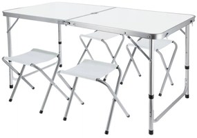Set mobilier de camping pliabil, Jumi, alb, masă cu picioare reglabile și 4 tabureți
