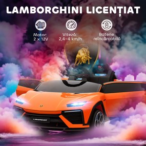 AIYAPLAY Mașină Electrică pentru Copii sub Licență Lamborghini cu Claxon și Telecomandă, 101.5x49x43 cm, Portocalie | Aosom Romania
